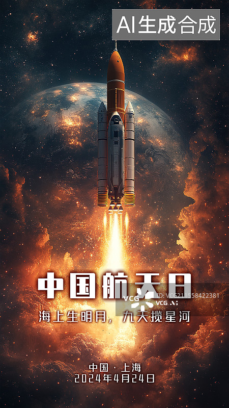 【AI数字艺术】中国航天日庆祝海报设计模板海上生明月九天揽星河，科幻大片风格火箭发射场景 背景是地球宇宙太空行星星球图片素材