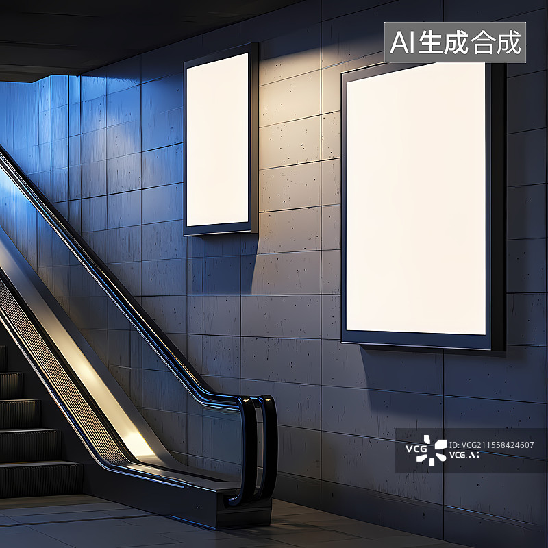 【AI数字艺术】地铁站扶梯旁的空白广告牌图片素材