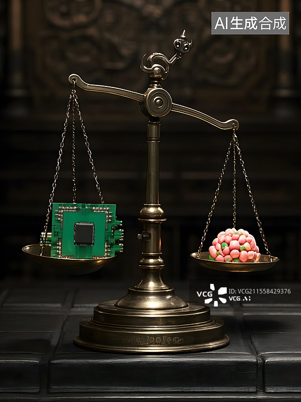 【AI数字艺术】科技伦理天平，芯片与神经元砝码对抗，暗黑蒸汽朋克法庭图片素材