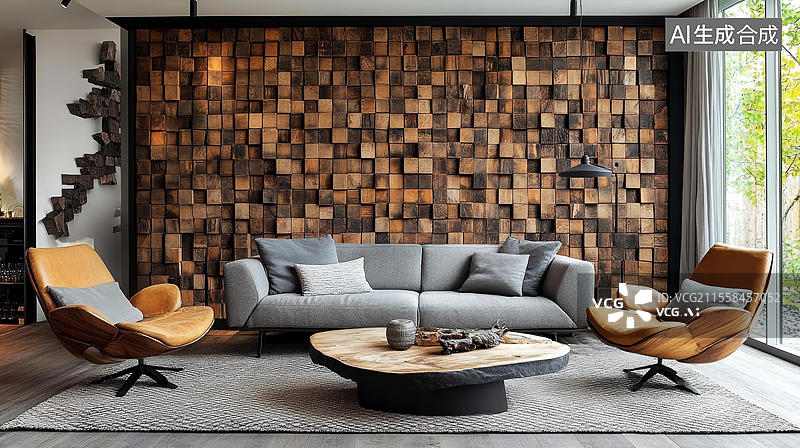 【AI数字艺术】现代风格木质墙面装饰客厅图片素材