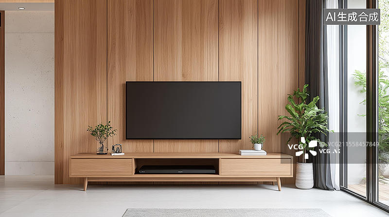【AI数字艺术】现代简约风格木质电视背景墙设计图片素材