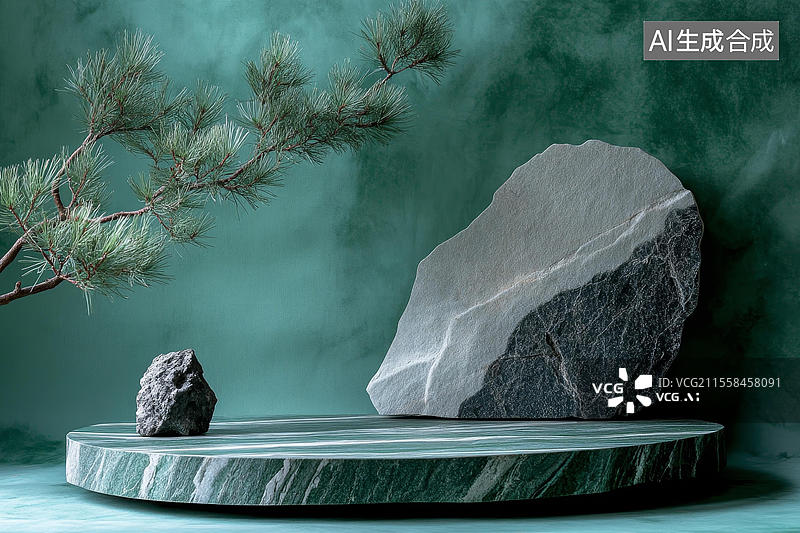 【AI数字艺术】现代极简绿玉石材与石头静物图片素材