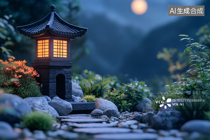 【AI数字艺术】微缩景观，山路边的石灯柱图片素材