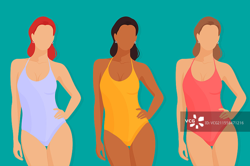 一组穿泳衣的无脸女性扁平图像图片素材