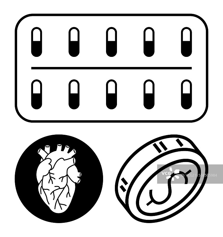 医疗药丸、人心与美元硬币图片素材