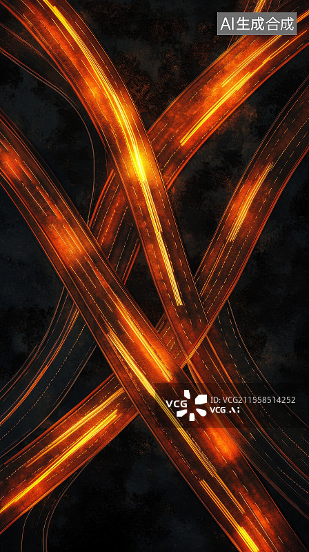 【AI数字艺术】夜晚俯瞰城市高架立交桥交汇点的交通网络图片素材