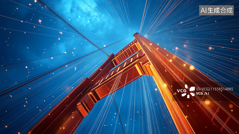 【AI数字艺术】夜空下红色桥梁结构的仰视视角动感画面图片素材
