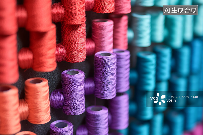 【AI数字艺术】多彩缝纫线轴整齐排列的纺织工艺图案图片素材