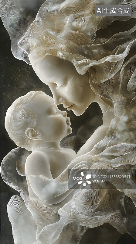 【AI数字艺术】黑色背景下的母子雕塑特写镜头图片素材