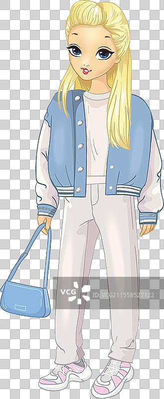 穿着蓝色飞行员夹克和白色裤子的女孩图片素材