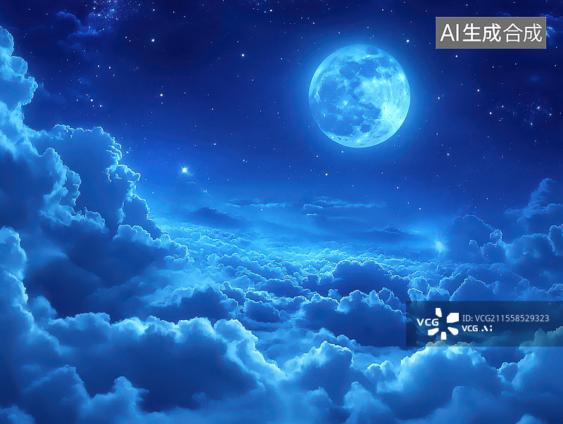 【AI数字艺术】夜空中满月与云海图片素材