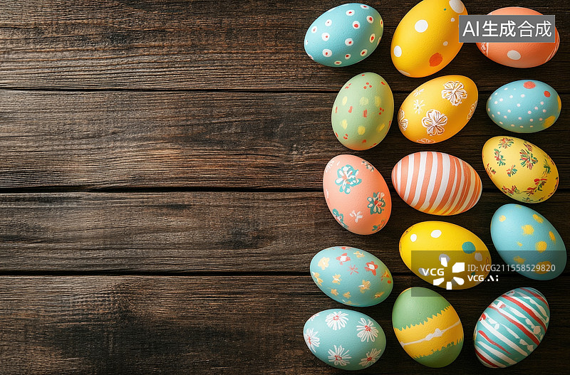 【AI数字艺术】由木制桌面上的复活节彩蛋组成的框架构图图片素材