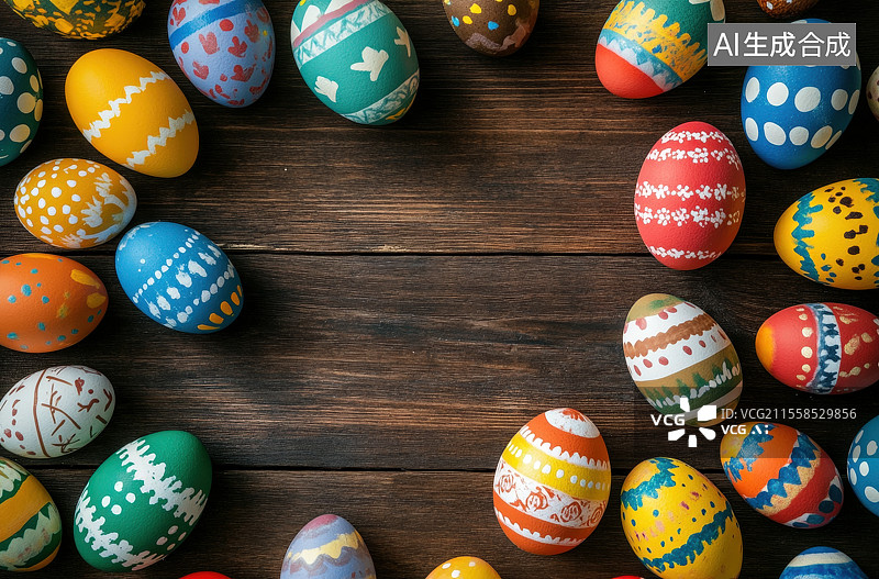 【AI数字艺术】由木制桌面上的复活节彩蛋组成的框架构图图片素材