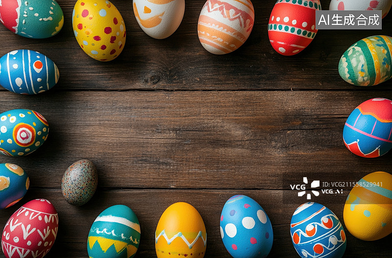 【AI数字艺术】由木制桌面上的复活节彩蛋组成的框架构图图片素材