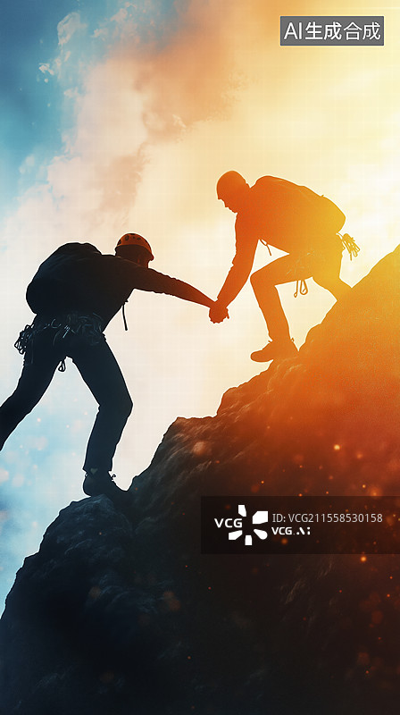 【AI数字艺术】落日时分站在岩石上的人的剪影图片素材