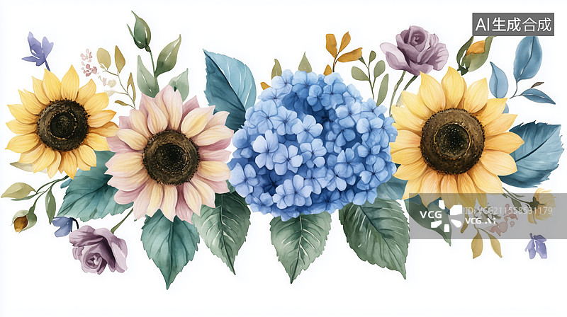 【AI数字艺术】太阳花向日葵和绿色的叶子插画图片素材