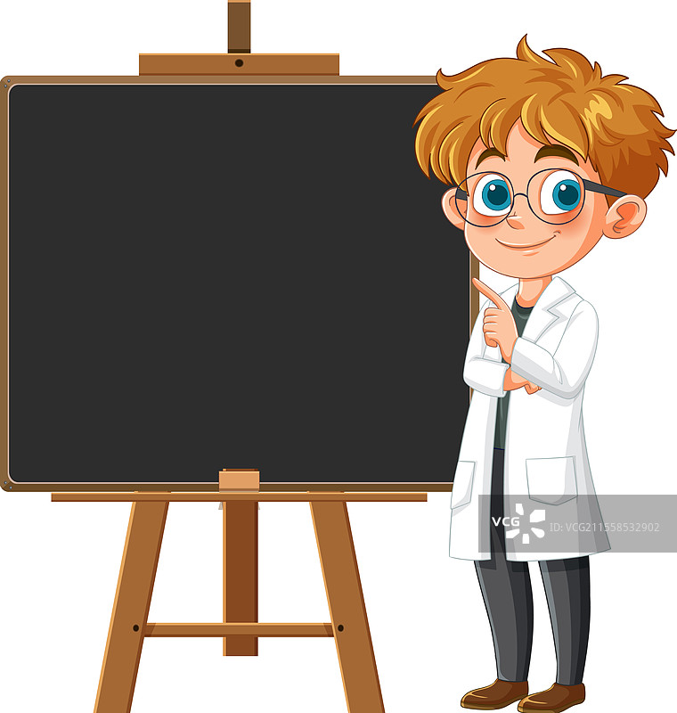 一个卡通科学家指着一块空白的黑板图片素材