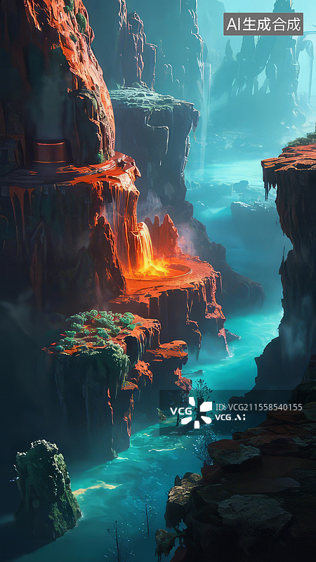 【AI数字艺术】热泉矿晶森林科幻3D场景——硫化物烟囱热液金属絮状物化学反应图片素材