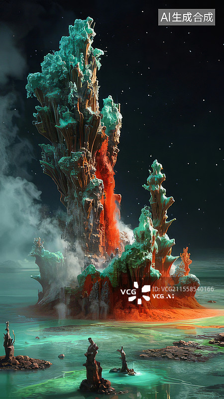 【AI数字艺术】热泉矿晶森林科幻3D场景——硫化物烟囱热液金属絮状物化学反应图片素材