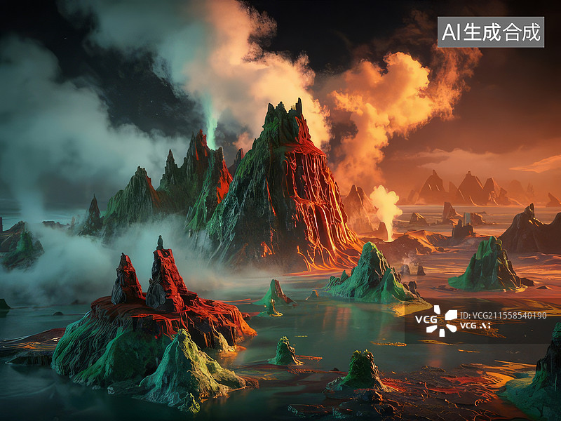 【AI数字艺术】热泉矿晶森林科幻3D场景——硫化物烟囱热液金属絮状物化学反应图片素材