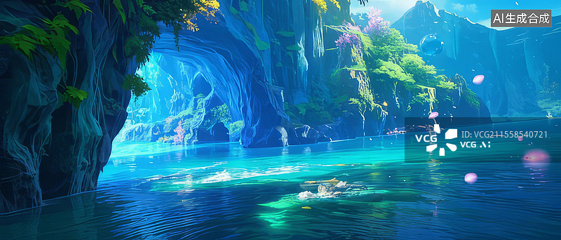 【AI数字艺术】深渊蓝洞穹顶3D渲染科幻场景——外星生态磷光甲藻动态光能量场图片素材
