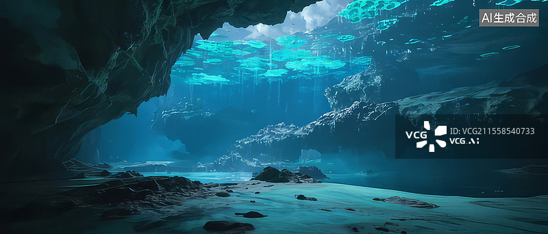 【AI数字艺术】深渊蓝洞穹顶3D渲染科幻场景——外星生态磷光甲藻动态光能量场图片素材