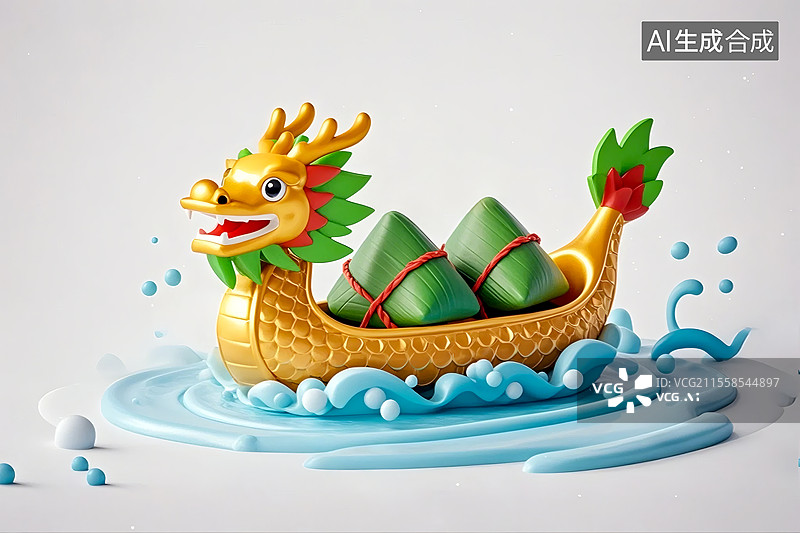 【AI数字艺术】3D端午节金色龙舟与粽子图片素材
