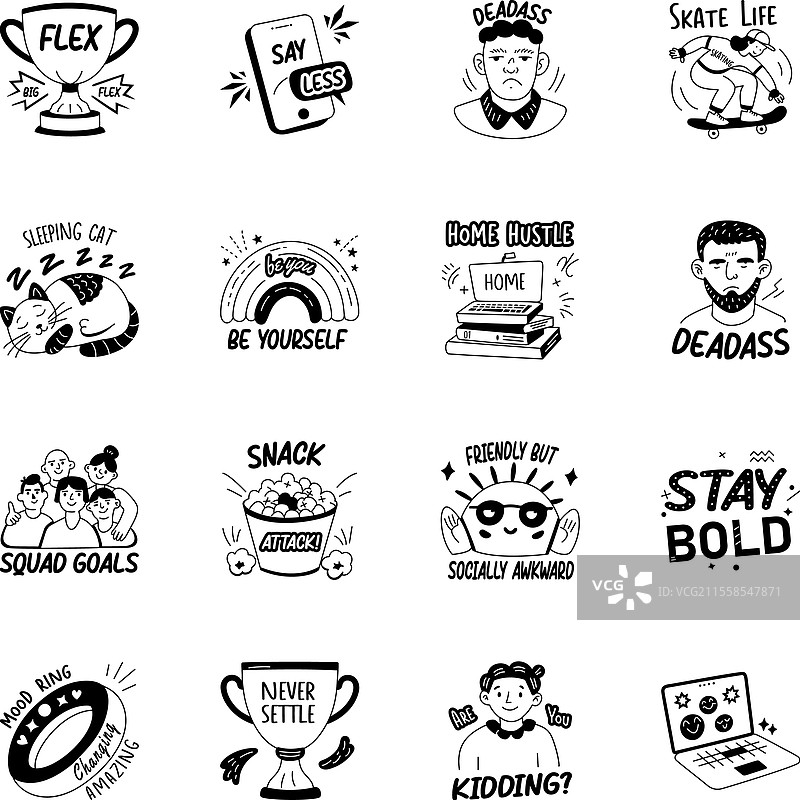 酷炫青少年贴纸的字形集合图片素材