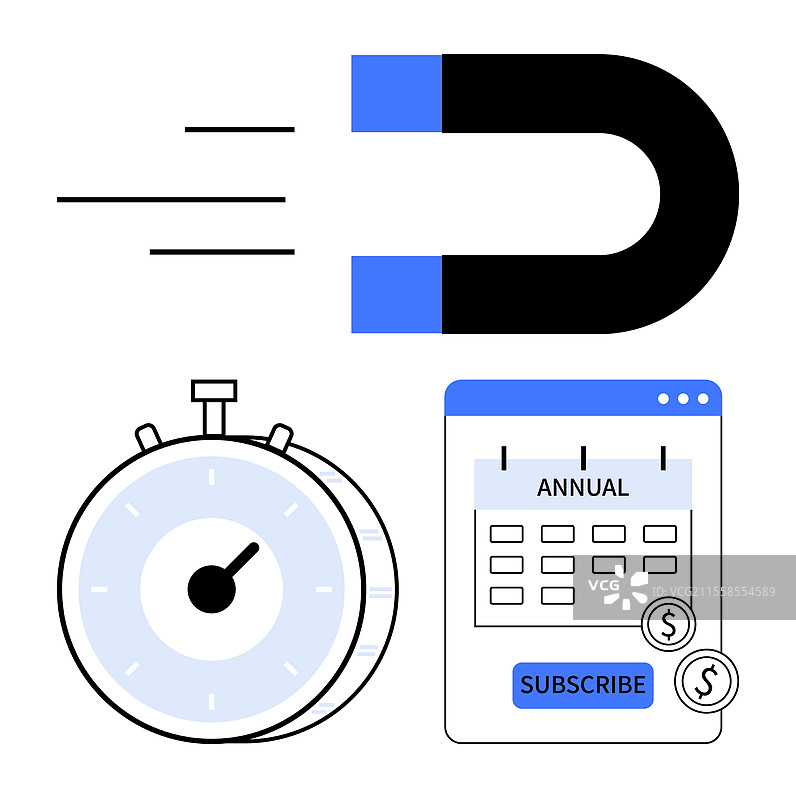磁铁吸引秒表和订阅图片素材