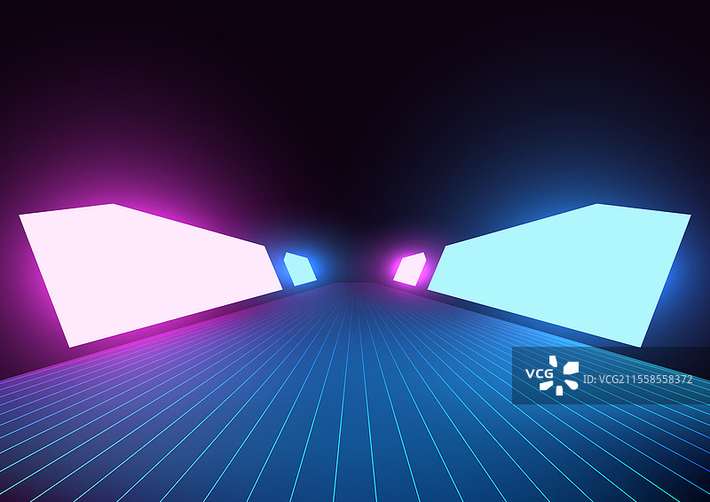 未来感的发光蓝色圆柱讲台，背景为紫色图片素材