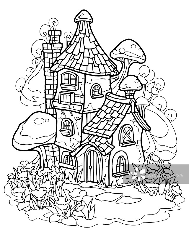 童话故事中的房子与魔法森林小屋的涂色页图片素材