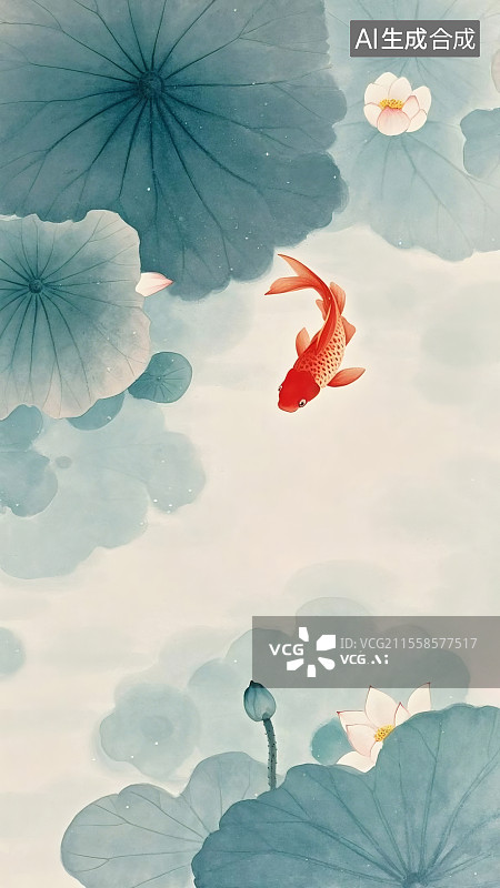【AI数字艺术】荷塘红鱼水墨画图片素材