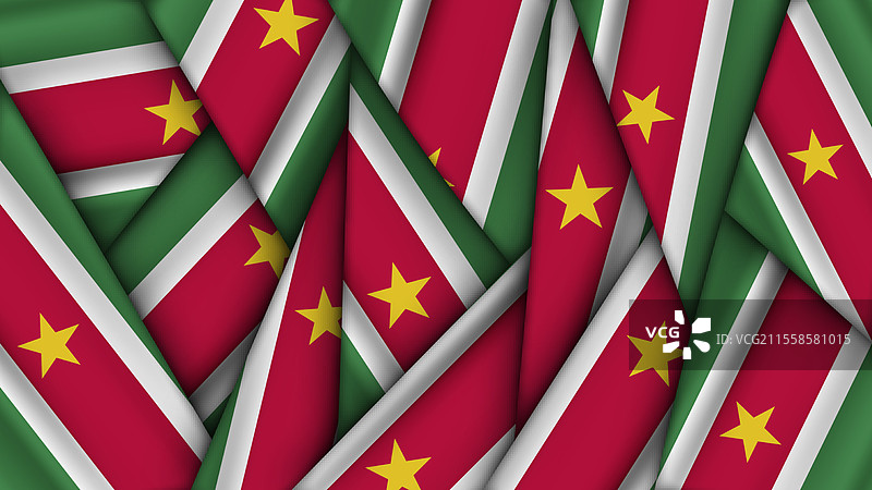 一组叠放在一起的苏里南国旗图片素材