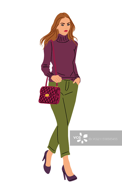 一位穿着紫色毛衣和绿色裤子的女性图片素材