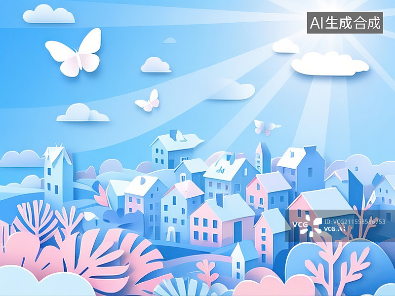 【AI数字艺术】纸艺风格梦幻家园图景图片素材