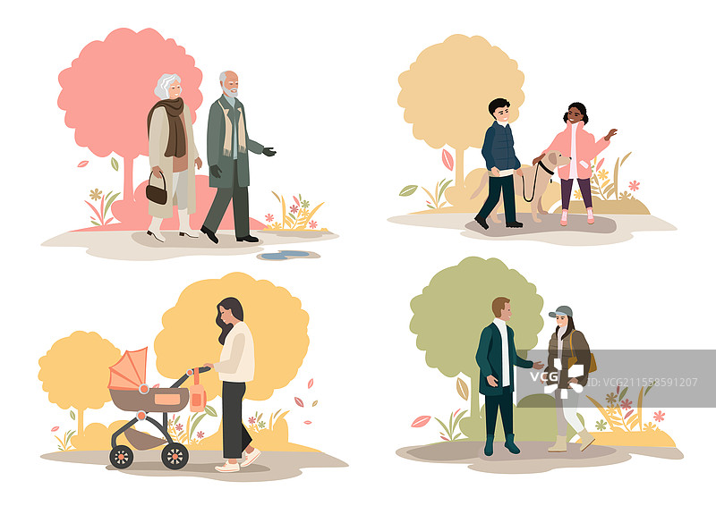 秋天公园里散步的人们图片素材