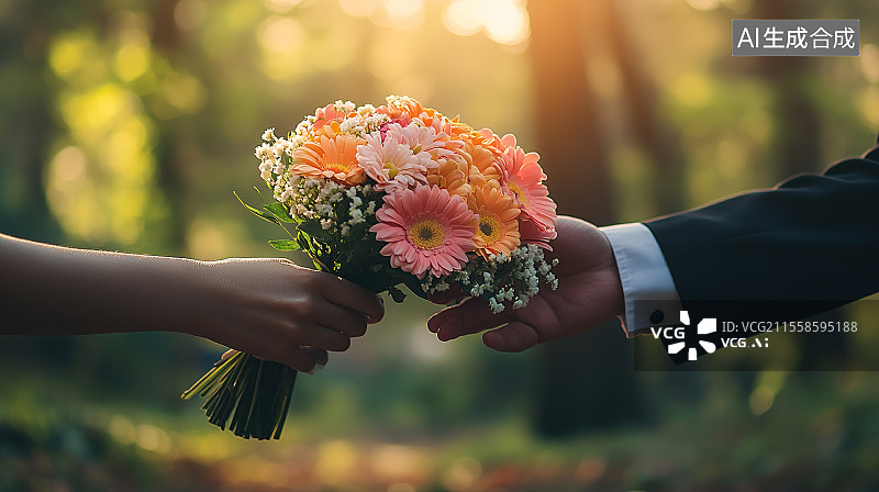 【AI数字艺术】情侣在森林中交换花束图片素材