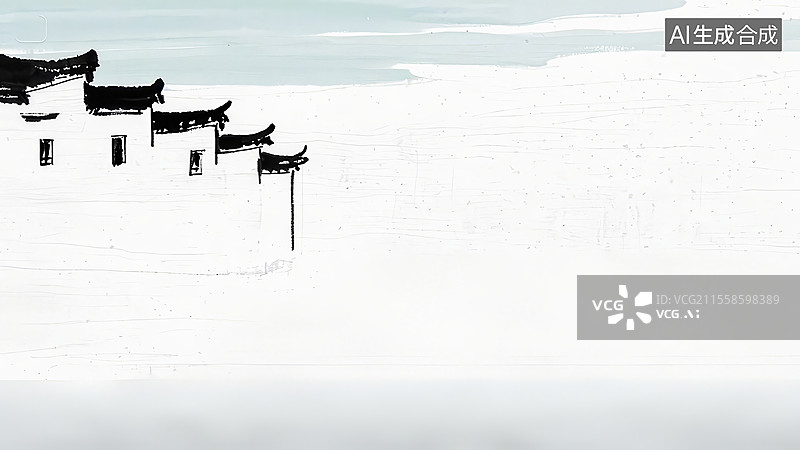 【AI数字艺术】徽派建筑古建筑水墨画毛笔画简约黑白手绘插画图片素材