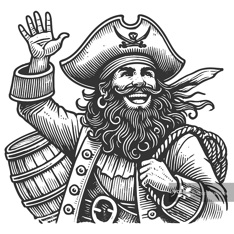 微笑的海盗，戴着帽子，旁边有一个桶的素描图片素材