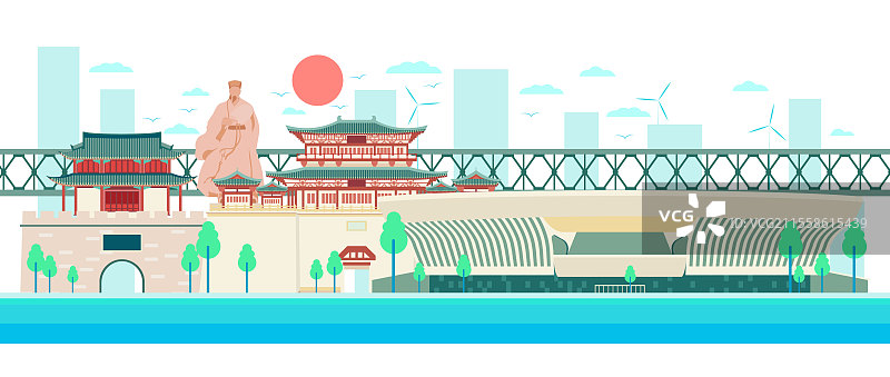 绿色低碳城市科技感扁平矢量插画—湖北 襄阳图片素材