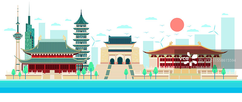 绿色低碳城市科技感扁平矢量插画—江苏 南京图片素材