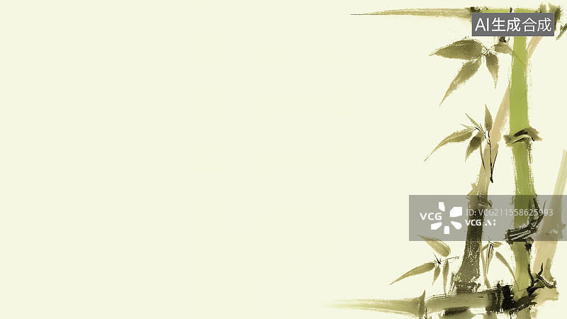【AI数字艺术】复古中国风水墨画居右背景，竹节和竹叶边框图片素材