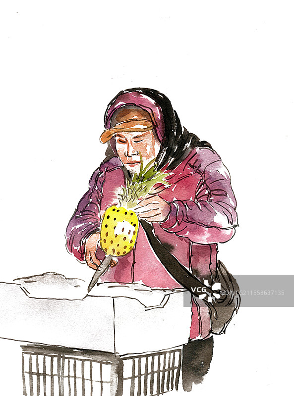 削菠萝的女子图片素材