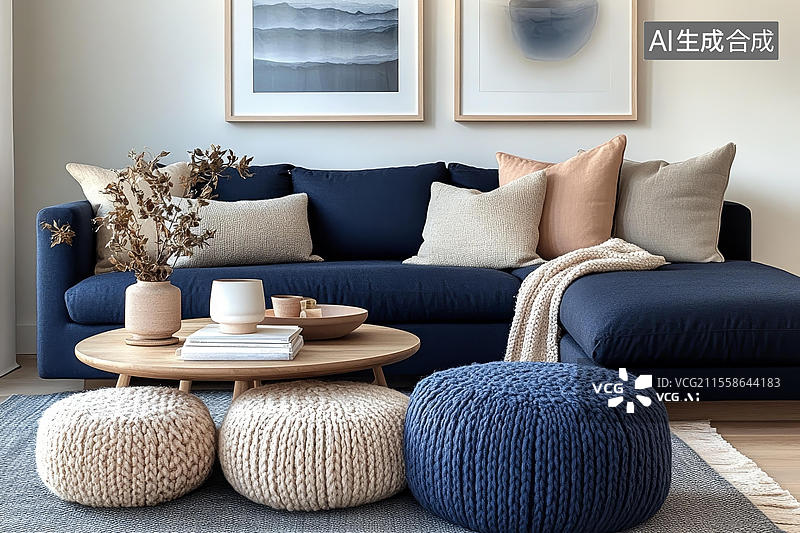 【AI数字艺术】现代客厅装饰与编织坐垫图片素材