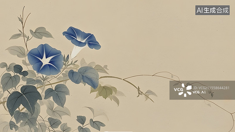 【AI数字艺术】水墨画牵牛花居左图片素材