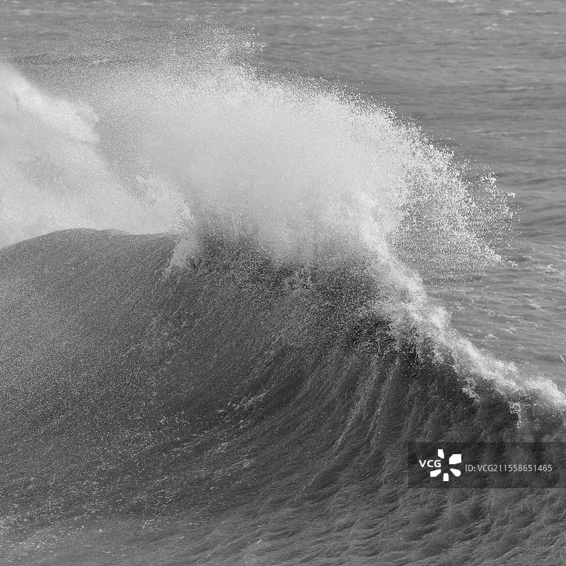 惊艳的黑白图像，展现了在猛烈风暴中破裂和翻滚的单独波浪，细节极其出色。图片素材