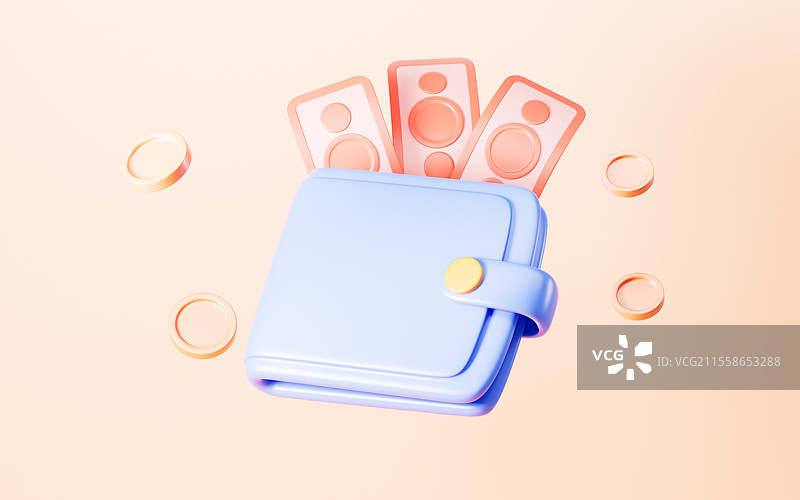 卡通现金钱包和钞票模型3D渲染图片素材