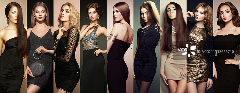 时尚拼贴。美丽年轻女性的组合。女孩在工作室摆姿势。穿着优雅裙子的女士。拼贴照片图片素材