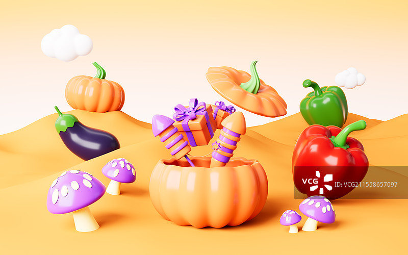 卡通礼物电商主题和蔬菜背景3D渲染图片素材