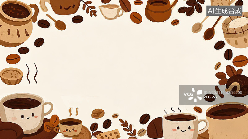 【AI数字艺术】2D卡通最大背景趣味扁平元素，咖啡豆咖啡杯工作日提神醒脑陶瓷杯马克杯水杯下午茶广告包装背景板设计素材图片素材